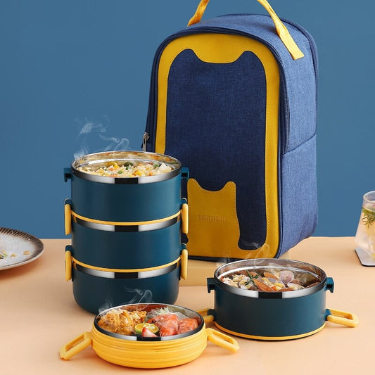 Lunch Box Isotherme Chaud Inox Adulte Bleu 4 Couches Ouvert