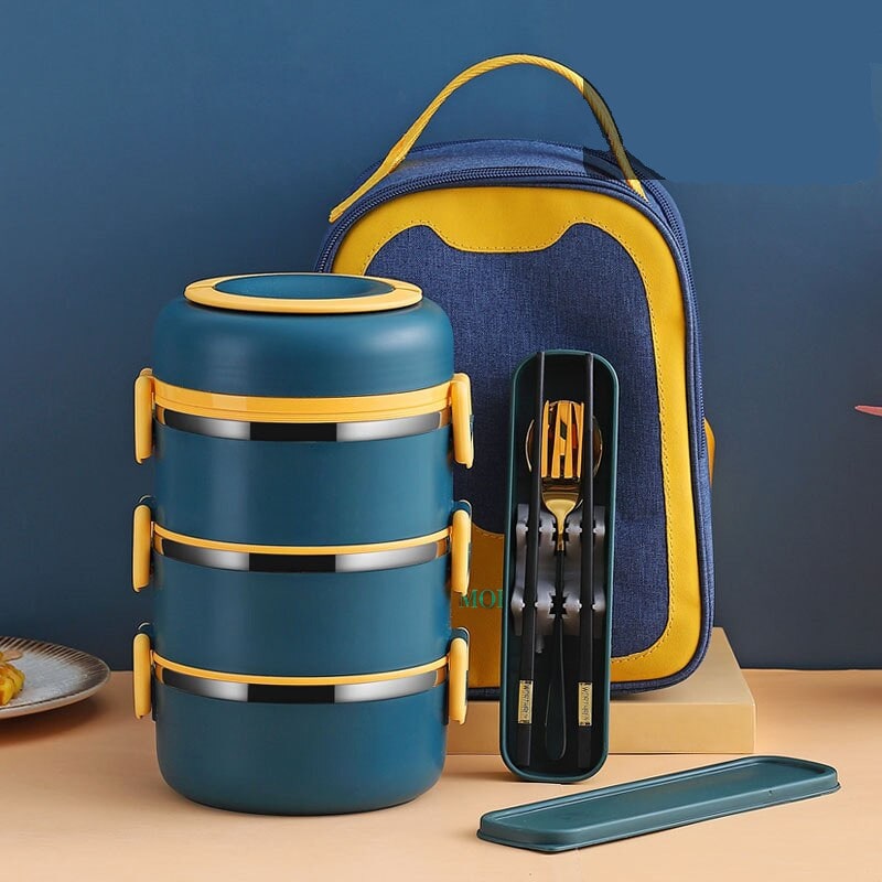 Lunch Box Isotherme Chaud Inox Adulte Bleu 3 Couches Avec