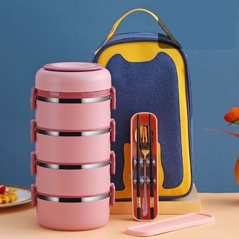 Lunch Box Isotherme Chaud Inox Adulte Rose 4 Couches Avec