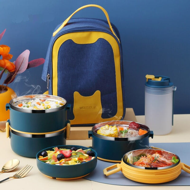 Lunch Box Isotherme Chaud Inox Adulte Bleu 3 Couches Ouvert