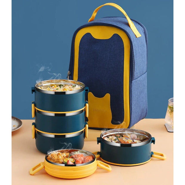 Lunch Box Isotherme Chaud Inox Adulte Bleu 4 Couches Avec Sac Ouvert